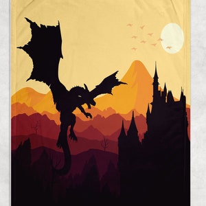May include: A black silhouette of a dragon flying over a mountain range with a castle in the background. The sky is a gradient of yellow, orange, and red. There are small birds flying in the sky.