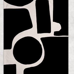 May include: Abstract art print featuring a black and white design with geometric shapes. The shapes are arranged in a modern and abstract style, creating a visually interesting and dynamic composition.
