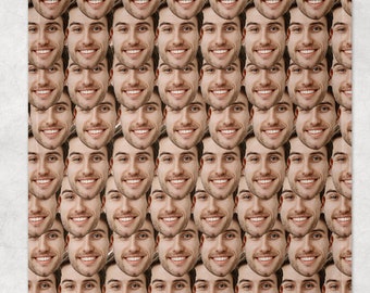 May include: A white blanket with a repeating pattern of a man's face smiling.