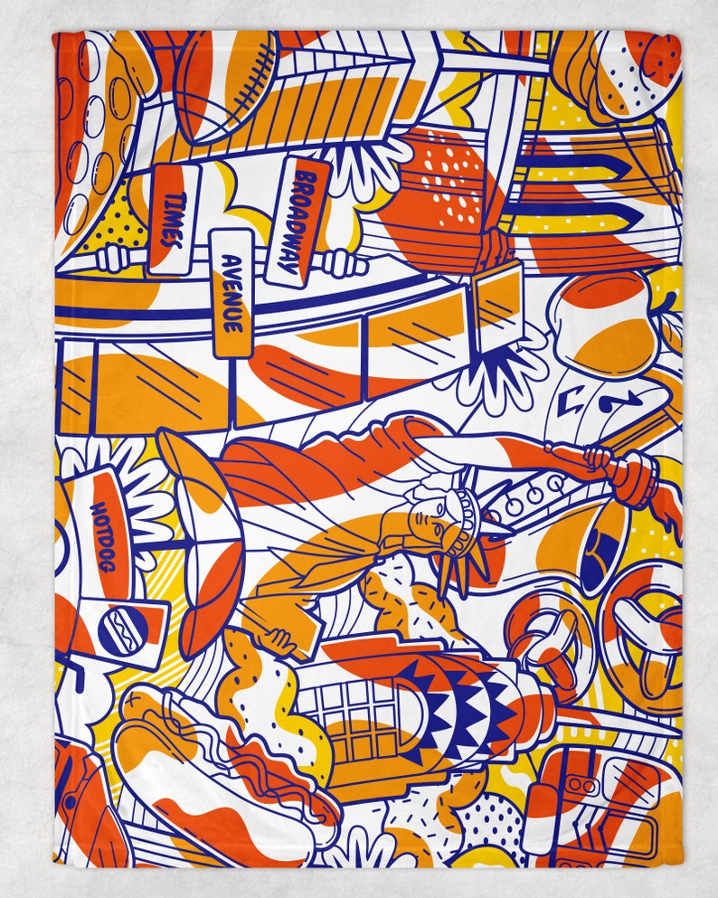 May include: A white background with a colorful illustration of New York City landmarks, including the Statue of Liberty, the Empire State Building, a hot dog, and a taxi cab. The illustration is in a cartoon style with bold outlines and bright colors.