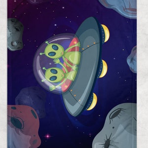May include: Two green aliens in a flying saucer against a dark blue space background with stars and asteroids.