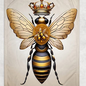 May include: A gold bee with a crown on its head and a smaller bee inside a gear on its abdomen. The bee is on a beige background.