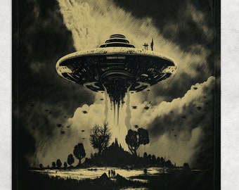 May include: A black and white illustration of a flying saucer hovering over a forest. The saucer is emitting beams of light and there are smaller flying objects around it. The forest is dark and mysterious.