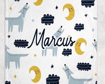 Wolf baby boy blanket in blue and gray, wolf personalized baby blanket, heart custom blanket, wolf gift, personalized blanket