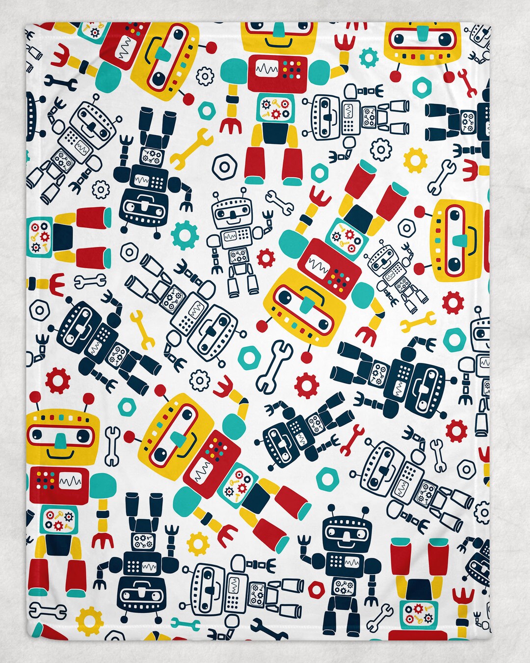 Robots Fleece Baby Blanket, Blue Minky Blanket, Baby Boy Blanket