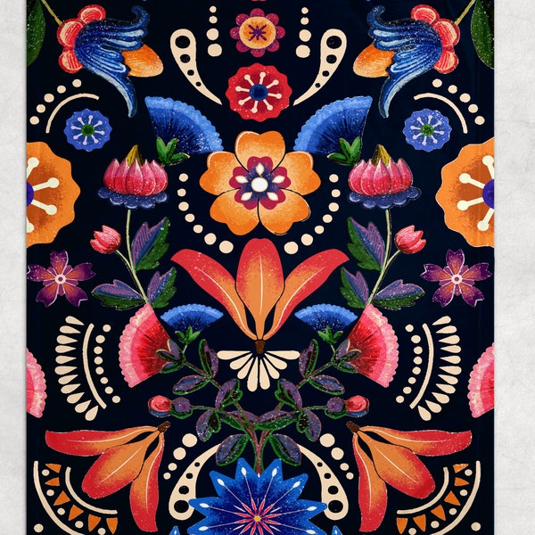 Mexican folk blanket for him Mexican home decor Mexican gift for her. Mexican flowers throw blanket for woman. Colorful floral throw blanket