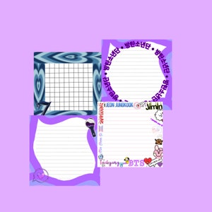 Op de afbeelding: Drie notitieboekjes met gestreept papier in paars en blauw met patronen. De notitieboekjes hebben verschillende stickers en tekst, waaronder "BTS", "JEON JUNGKOOK", "Jimin" en "방탄소년단".