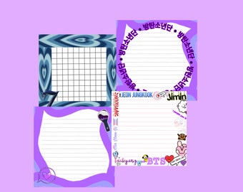 May include: Three purple and blue patterned notepads with lined paper. The notepads have a variety of stickers and text, including "BTS", "JEON JUNGKOOK", "Jimin", and "방탄소년단".