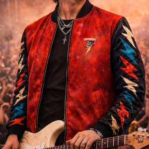Ziggy Inspired Glam Rock Bomber Jacket, Cosmic Lightning Retro 70s Jacket, Red Stardust Punk Rock Unisex Festival Coat, Supernaut AOP