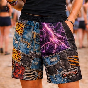 Festival Swim Shorts, Patchwork Denim Print Trunks, Lightning Beach Shorts, Unisex Board Shorts, Bold Summer Streetwear Gift