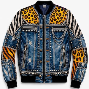 Può includere: Un bomber in denim con un design patchwork con stampa leopardata, strisce zebrate e strisce tigrate. La giacca ha colletto e polsini neri, borchie metalliche, cerniere e un dettaglio a catena. Il denim è strappato.