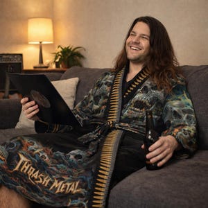 May include: A black bathrobe featuring a graphic print of skulls and smoke, with a bullet-patterned trim along the front edges and collar. The lower portion of the robe displays the text "THRASH METAL" in a stylized, weathered gold font.