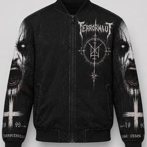 Black Metal Bomber Jacket, Gothic Occult Skull and Horror Face Print