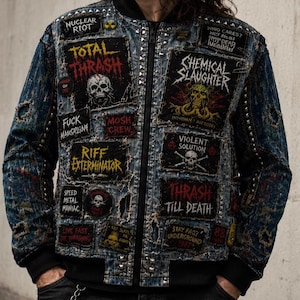 Thrash Metal Bomber Jacket, Punk Battle Jacket Style, Vintage Denim Patch Jacket, Heavy Metal Streetwear, Alternative Rock Coat
