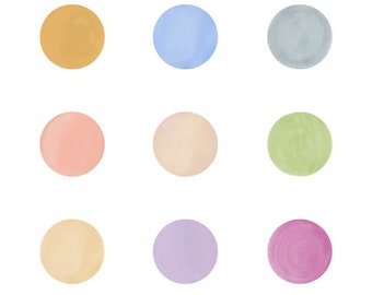 May include: Twelve watercolour circles in pastel colours. The colours are: mustard yellow, light blue, grey, peach, cream, light green, beige, lavender, pink, purple, teal, and pink.