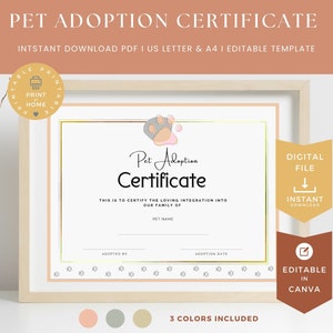 Pet Adoption Certificate, Editable Canva Template, Puppy Adoption Party, Animal Shelter, Pet Birthday, Digital Download, 4731