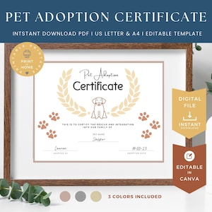 Adoptionsurkunde für Hunde, bearbeitbare Canva-Vorlage, Welpen-Adoptionsparty, Tierheim, Digitaler Download, 4731