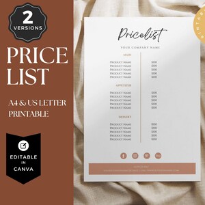 Price List Template, Editable Price List, Small Business Forms, Canva Template, Printable PDF, Digital Download, 3355