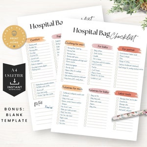 Lista de verificación de bolsas de hospital, nuevas mamás, maternidad, bolsa de parto, lista de empaque, PDF imprimible, descarga digital, 3122