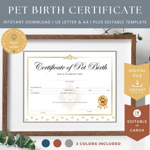 Printable Pet Birth Certificate, Editable Canva Template, New Puppy Gift, Dog Breeder, Digital Download, 4731