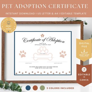 Pet Adoption Certificate, Editable Canva Template, Puppy Adoption Party, Animal Shelter, Pet Birthday, Digital Download, 4731