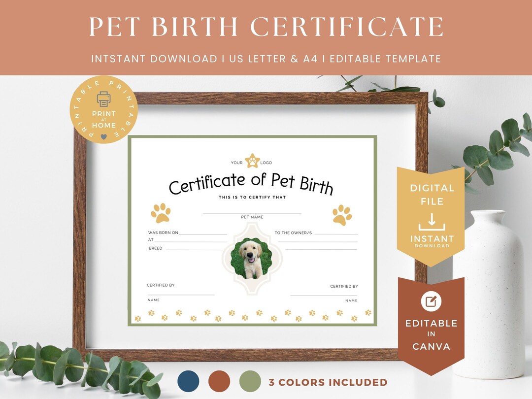 Printable Pet Birth Certificate, Editable Canva Template, New Puppy Gift, Dog Owner, Dog Breeder ...