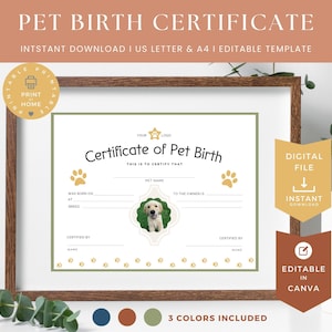 Printable Pet Birth Certificate, Editable Canva Template, New Puppy Gift, Dog Owner, Dog Breeder, 4731