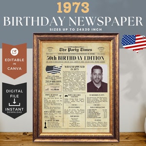 Birthday Newspaper 1973 USA, 50th Milestone Birthday, Personalized Gift, Printable PDF, Canva Template, Digital Download, 5982