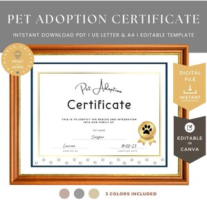 Zertifikat zur Adoption von Haustieren, bearbeitbare Canva-Vorlage, Welpen-Adoptionsparty, Digitaler Download, 4731