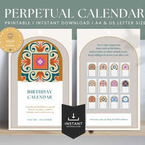 Perpetual Birthday Calendar Printable | Celebration Calendar | Moroccan Style | Digital Download | 4751