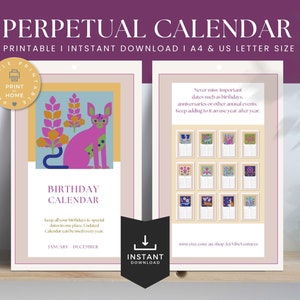 Perpetual Birthday Calendar Printable | Celebration Calendar | Vintage Style | Digital Download | 4751