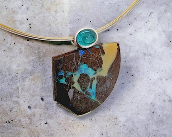World map boulder opal pendant with turquoise tourmaline made of 925 silver
