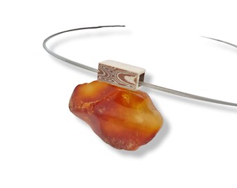 925 silver pendant with mokume gane (silver copper) and amber