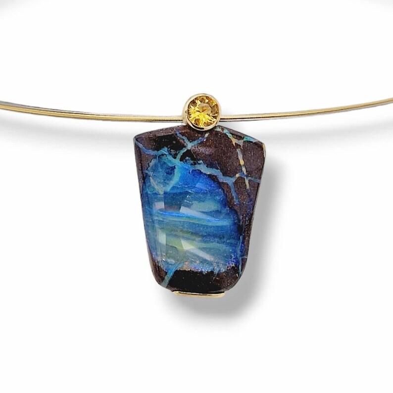 Boulder opal and citrine pendant made of 750 yellow gold and 925 silver image 2