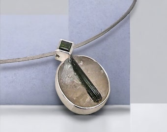 Tourmaline and rock crystal with embedded tourmaline needles Pendant made of 925 silver