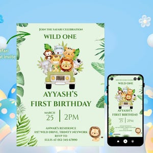 Invitation d'anniversaire "Wild One" garçon modifiable, Invitation de fête d'anniversaire avec animaux de la savane, Invitation mobile