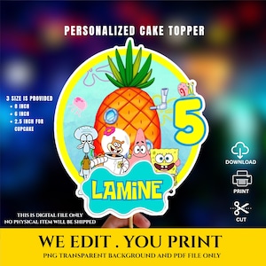 3 size Spongebob Cake Topper Editable Template, Personalized Spongebob ,  Printable Cupcake Toppers , Kids Topper Birthday party Decor