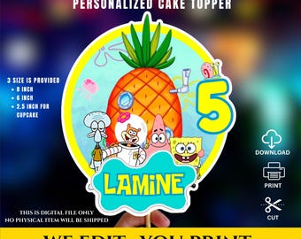 3 size Spongebob Cake Topper Editable Template, Personalized Spongebob ,  Printable Cupcake Toppers , Kids Topper Birthday party Decor