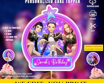 Personalised Birthday Kpop Demon Hunters cake Toppers, Demon Hunters Cupcake Topper, 3 Size Editable Printable Birthday Decoration,