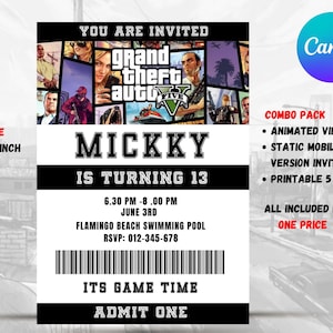Convite de aniversário de videogame animado, convite para festa de videogame, convite para roubo de carro, convite para roubo de carro