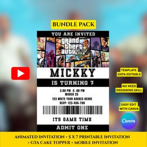Convite de aniversário de videogame animado, convite para festa de videogame, convite para roubo de carro, convite para roubo de carro