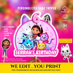Adorno para tarta de cumpleaños de Gabby personalizado, imprimible personalizado, adorno para cupcakes de casa de muñecas Gabby, cumpleaños infantil, invitación de casa de muñecas Gabby