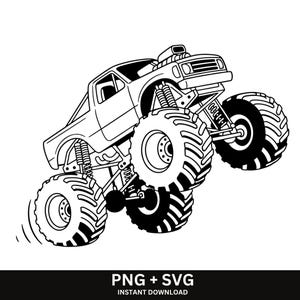 Puede incluir: Ilustración en blanco y negro de un monster truck en el aire. El camión tiene neumáticos de gran tamaño, un motor detallado y una suspensión elevada. La imagen incluye el texto "PNG + SVG" y "INSTANT DOWNLOAD".