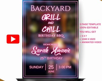Convite de aniversário rosa para churrasco, com animação (modelo digital editável)
