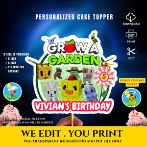 Grow A Garden Personalized Cake Topper, Roblox Kids Decoration for Birthday Party Cupcake Topper , Printable Cake Decoration, 3 size