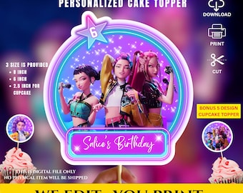Birthday Kpop Demon Hunters cake Toppers, Demon Hunters Cupcake Topper, 3 Size Editable Printable Birthday Decoration,