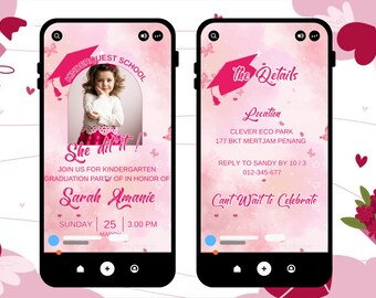 May include: Pink and white graduation party invitation for Sarah Amanie. The invitation features a pink and white watercolor background with a pink graduation cap and the text "She did it!"  The invitation also includes the details of the party, including the date, time, and location.