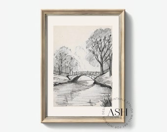 Landscape Sketch Print · Drawing Wall Print · Vintage Bridge River Poster · Rustic Room Decor · PRINTABLE Antique Sketch · Digital Download