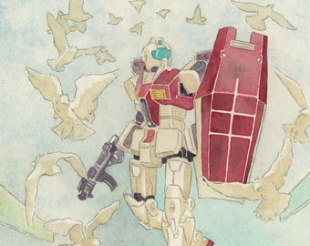GM Gundam Mobile Suit A5 Art Print - watercolour - ink - drawing - wall hanging - decor - painting