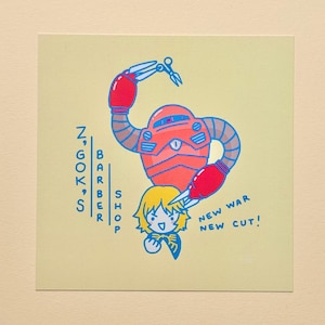 Z&#39;Gok&#39;s Barber shop - Gundam art print - mobile suit - gunpla - mech - mecha - illustration - char aznable - kawaii - cute - funny